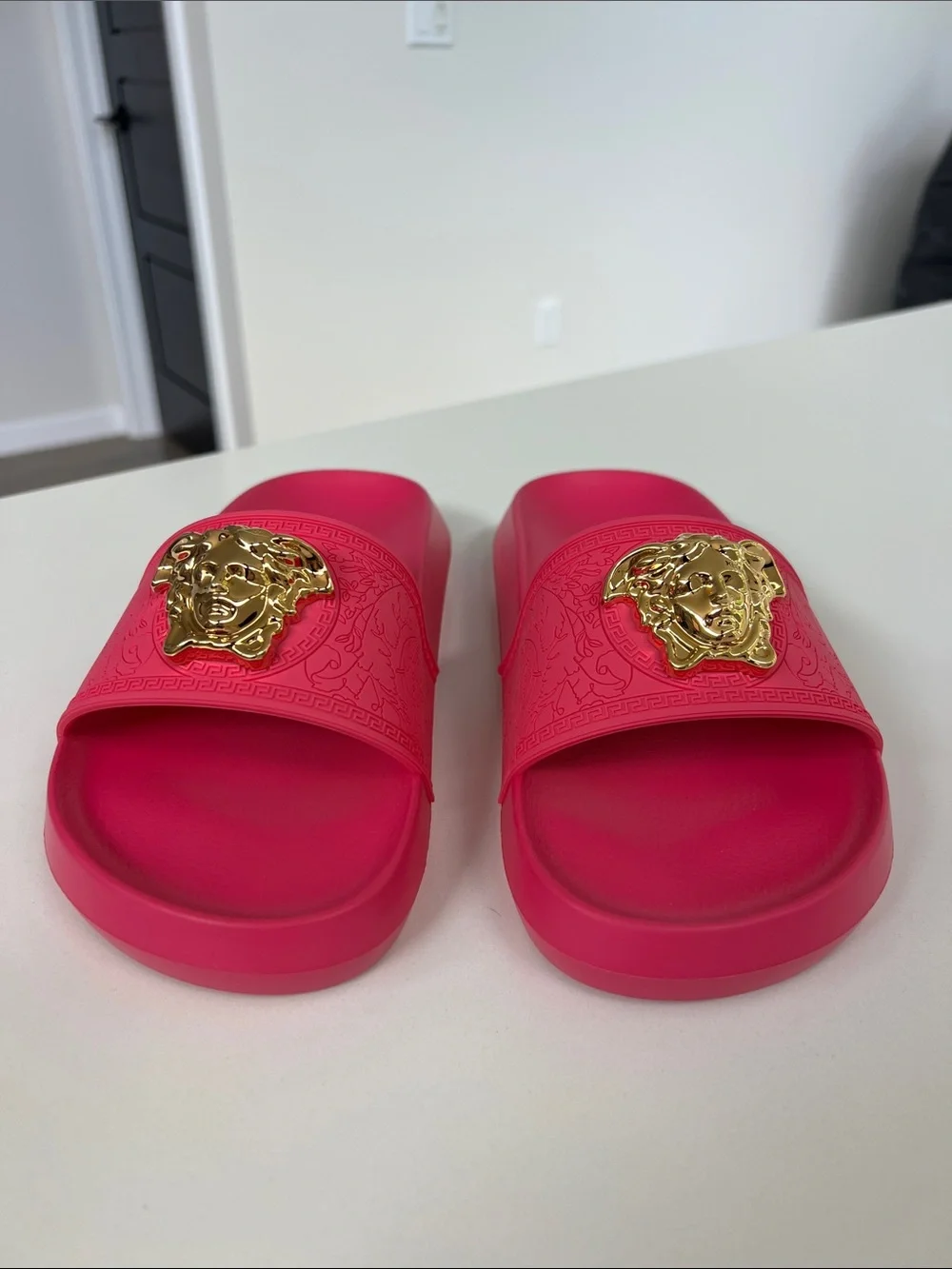 Versace pink la medusa rubber open toe slides sandals gold tone embossed baroque